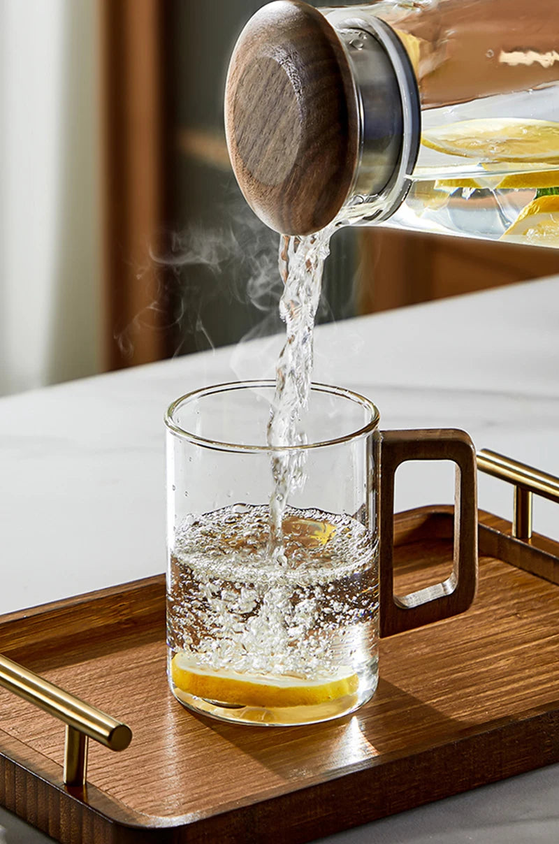 Glass Cups With Walnut Handle 300ml Heat-resistant