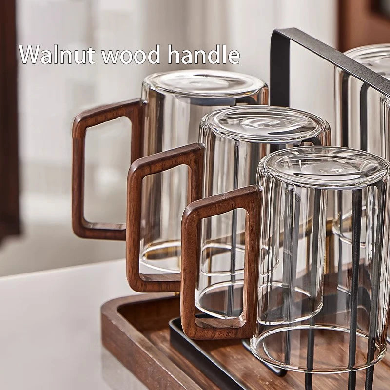 Glass Cups With Walnut Handle 300ml Heat-resistant