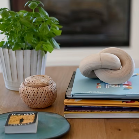 Wood knots decorated the shelves