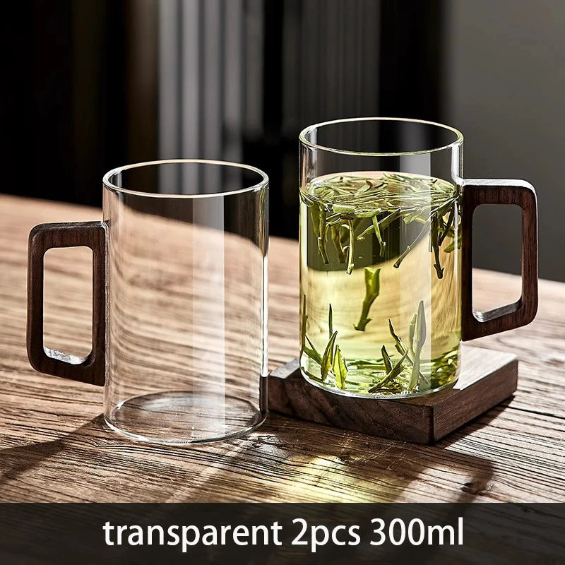 Glass Cups With Walnut Handle 300ml Heat-resistant