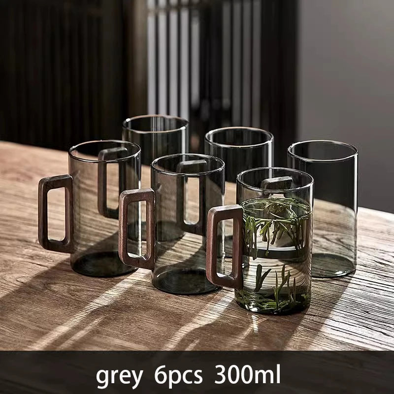 Glass Cups With Walnut Handle 300ml Heat-resistant