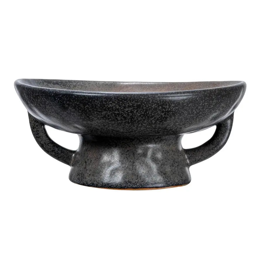 Stoneware Bowl with Handle and Base, Black Reactive Glaze
