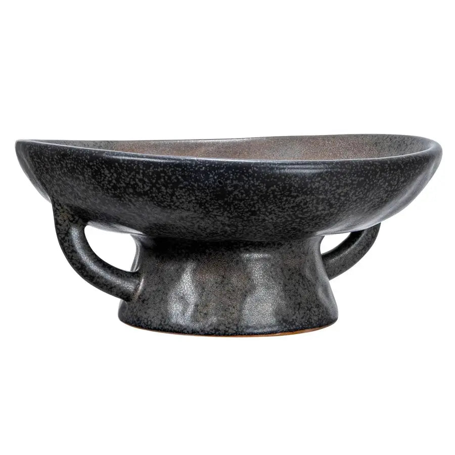 Stoneware Bowl with Handle and Base, Black Reactive Glaze
