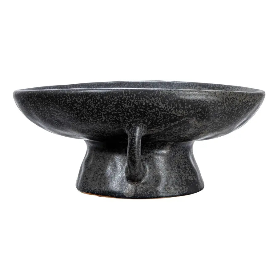 Stoneware Bowl with Handle and Base, Black Reactive Glaze