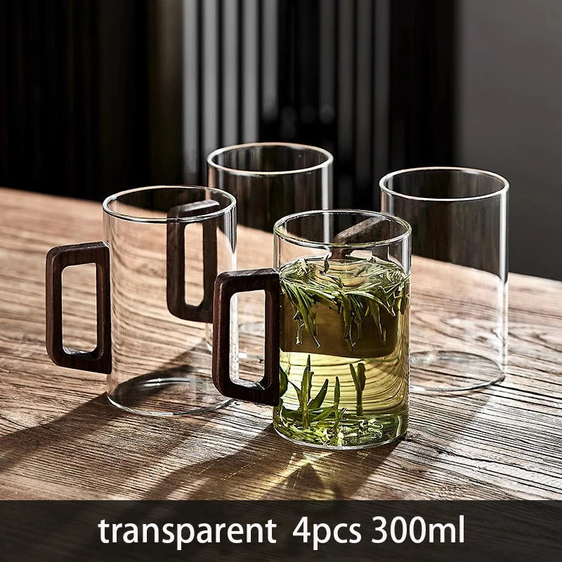 Glass Cups With Walnut Handle 300ml Heat-resistant