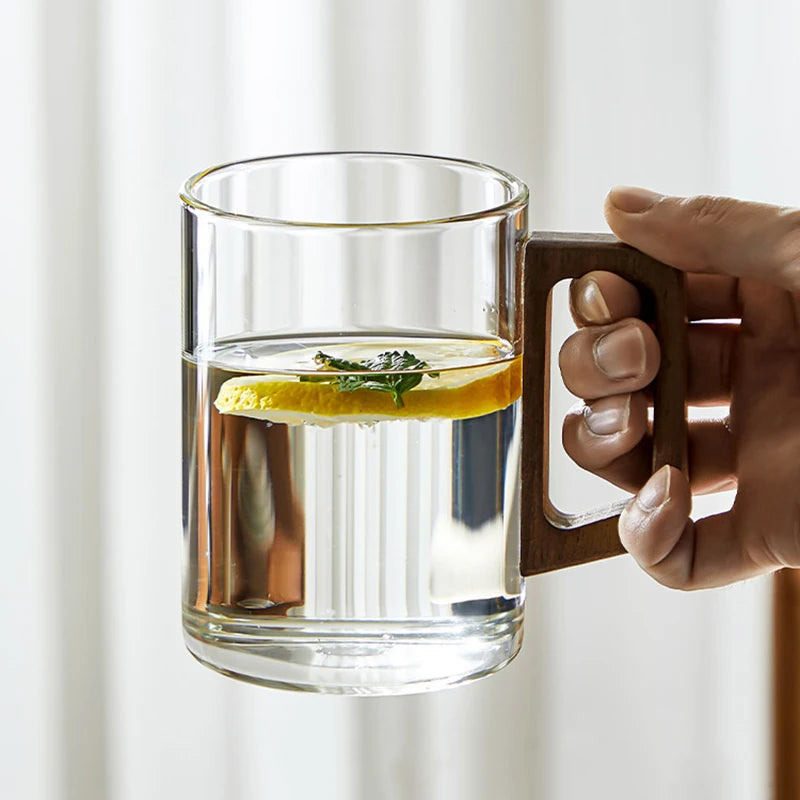 Glass Cups With Walnut Handle 300ml Heat-resistant