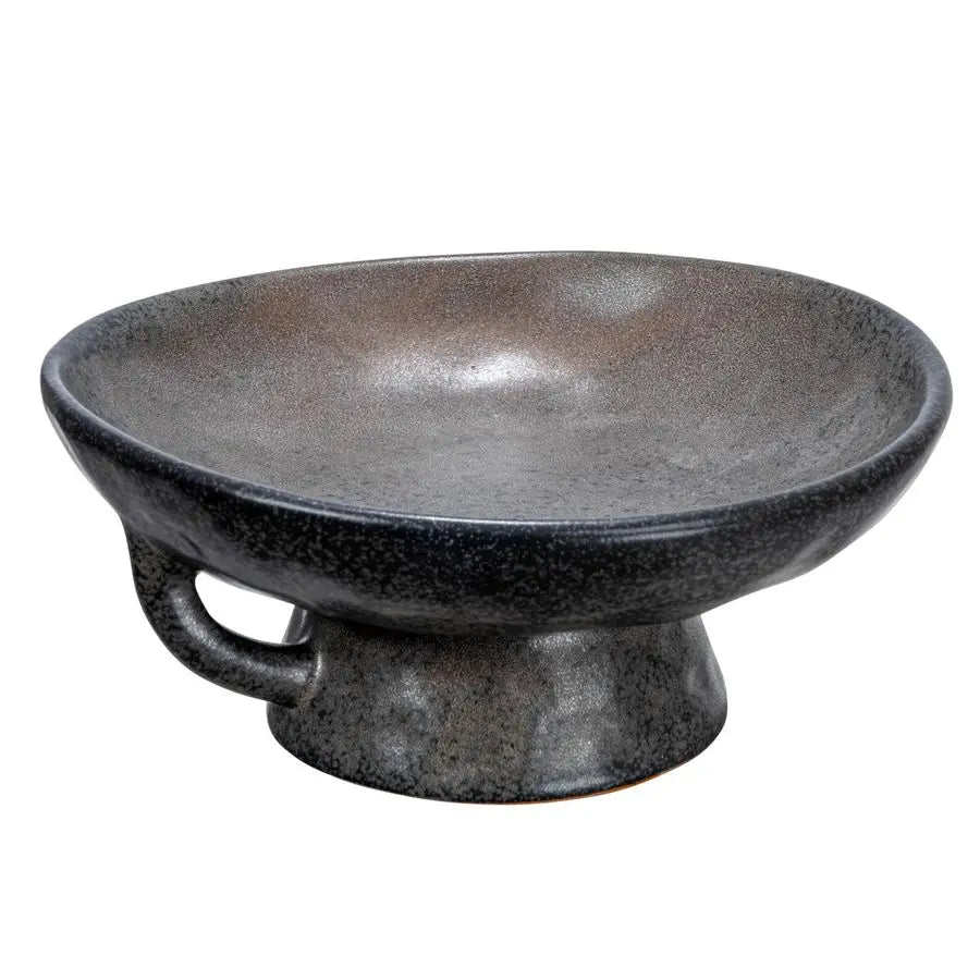 Stoneware Bowl with Handle and Base, Black Reactive Glaze