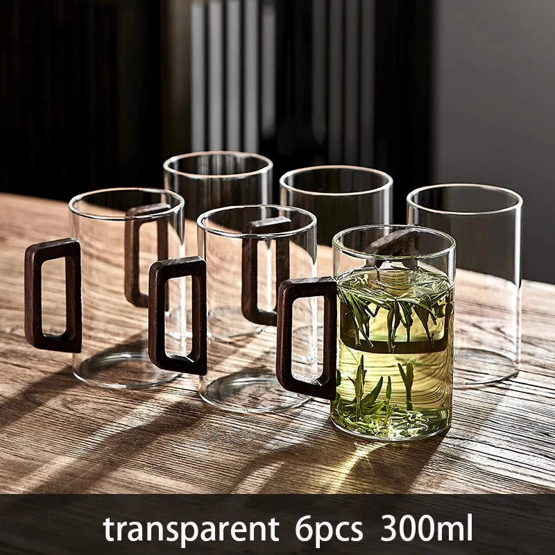 Glass Cups With Walnut Handle 300ml Heat-resistant